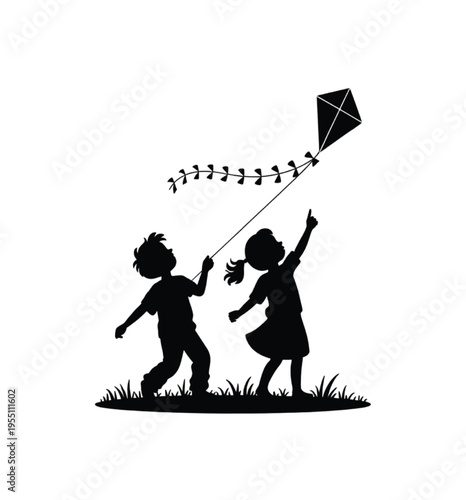 Children flying kite in minimalist black and white silhouette vector illustration EPS PNG file