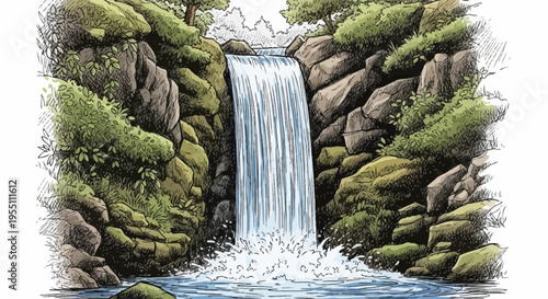Hand Drawn Illustration of a Peaceful Forest Waterfall