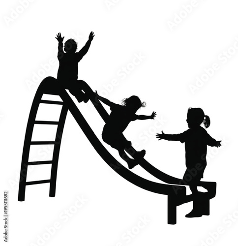 Black silhouettes of three children playing on a curved slide vector illustration EPS PNG file