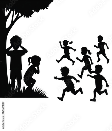 Silhouettes of children playing and running under a tree vector illustration EPS PNG file