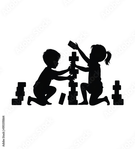 Silhouette of two children playing with building blocks vector illustration EPS PNG file
