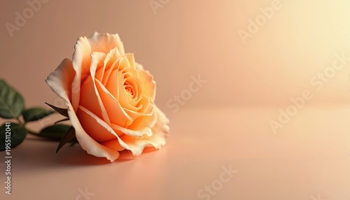 Single apricot rose bloom rests on soft muted surface with gentle lighting. Delicate flower has green leaves on stem, copy space available for text. Floral detail, elegant botany concept.