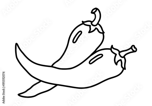 Hand drawn outline illustration of two chili peppers. Flat vector red hot spicy food line art doodle. Fresh cayenne seasoning. Healthy eating sticker, icon. Mexican vegetable. Farm plant. Isolated.