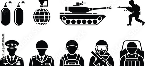 A collection of black and white icons depicting various military and warfare symbols and personnel