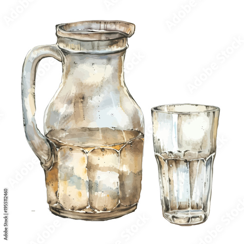 Watercolor Glass Pitcher and Drinking Glass with Water Clipart