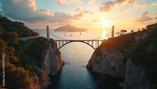 Suspension bridge spans wide sea strait between steep rocky cliffs at golden hour. Sailboats drift on calm water as sun sets on island horizon. Coastal road curves along green hillside above ocean.
