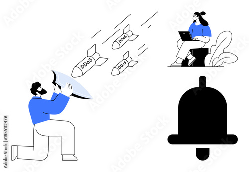 Cybersecurity concept. DDoS protection with a person defending against attacks, working remotely, and notification alert symbols. Cybersecurity enhances digital safety and performance. Perfect