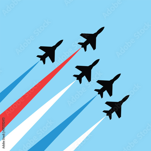 A formation of fighter jets flying in the sky with colorful trails behind them