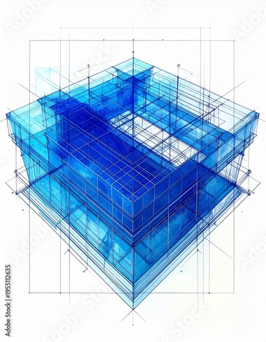 Abstract Blue Geometric Structure with Digital Matrix Pattern and Grid Overlay
