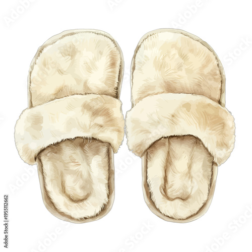 Watercolor Illustration of Cozy Fluffy Fuzzy Slippers Isolated on White
