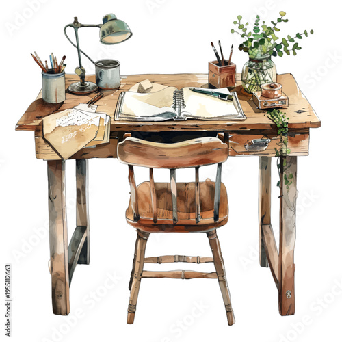 Watercolor Illustration of a Cozy Vintage Wooden Desk with Spindle Chair, Desk Lamp, and Open Notebook Isolated on White
