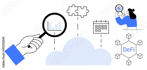 Data analytics concept. Data analysis linked with cloud computing, blockchain technology, and decentralized finance. Data tools for business, cryptocurrency, research, and network security