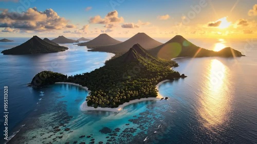 Breathtaking aerial view of tropical islands at golden hour sunrise with lush green hills and pristine blue waters