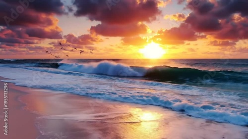 Breathtaking ocean sunrise over a sandy beach with beautiful reflections of the sun's colors