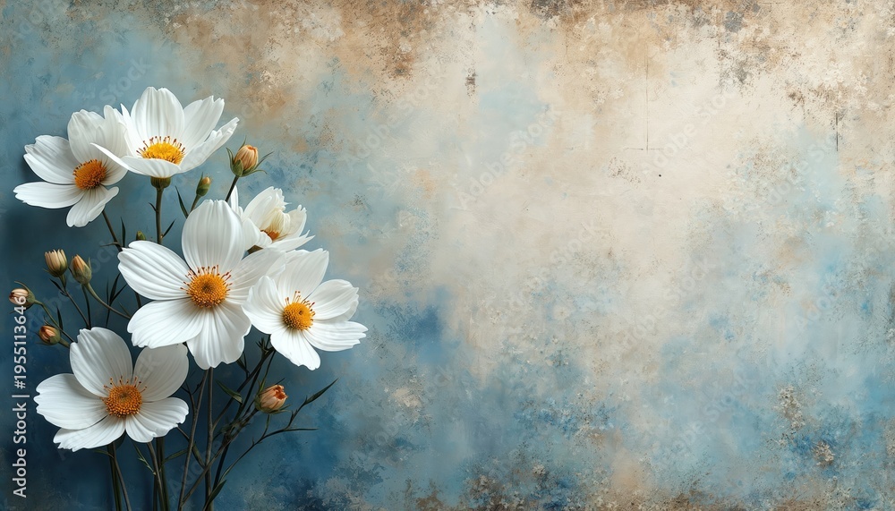 Fototapeta premium White cosmos flowers with yellow centers bloom on a textured, abstract background. Delicate petals and buds suggest spring or summer. Background has blue and brown painterly elements.