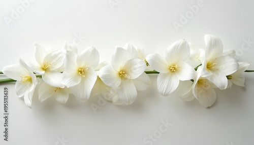 White freesia flowers arranged on a clean minimalist surface. Delicate blooms with green stems suggest purity, simplicity, and natural elegance for peaceful decor.