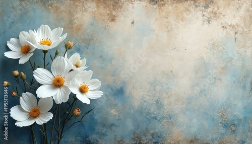 White cosmos flowers with yellow centers bloom on a textured, abstract background. Delicate petals and buds suggest spring or summer. Background has blue and brown painterly elements.