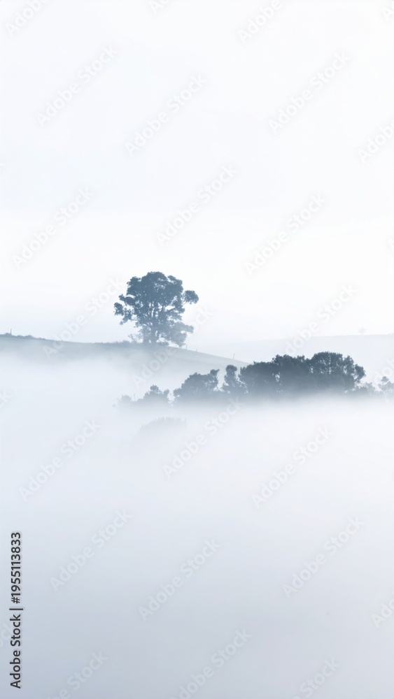 Fototapeta premium Misty Morning Landscape with Silhouetted Trees in Soft Light