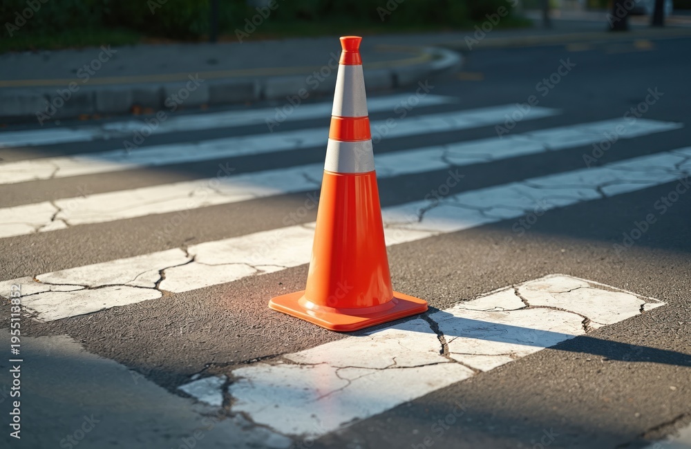 Naklejka premium Orange traffic cone stands on cracked pedestrian crossing. Sunlight casts shadows on the asphalt. City street scene indicates roadwork or traffic redirection for safety.