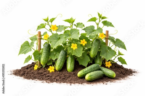 Fresh cucumbers growing on plant isolated on white background agriculture concept