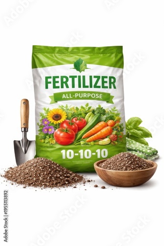 Fertilizer bag with garden tools and soil isolated on white background