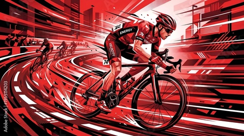 Foto depicting a road cyclist racing at high speed
