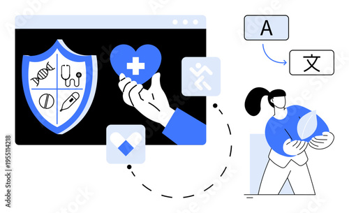 Healthcare, technology, multilingual communication, digital protection, sustainability, biometrics. Digital shield with medical icons, heart and DNA. Healthcare and technology