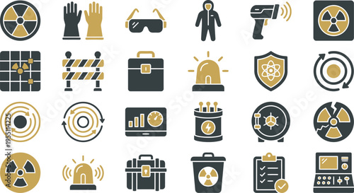 Collection of black and gold icons representing radiation safety, monitoring, and hazardous material handling.