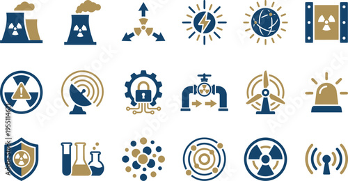 A comprehensive collection of scientific and industrial vector icons, featuring nuclear energy, technology, radiation, and power concepts.