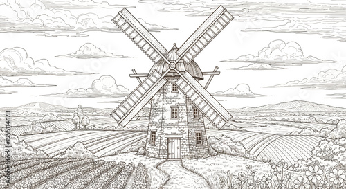 Old Stone Windmill in Rural Countryside Landscape Coloring Page