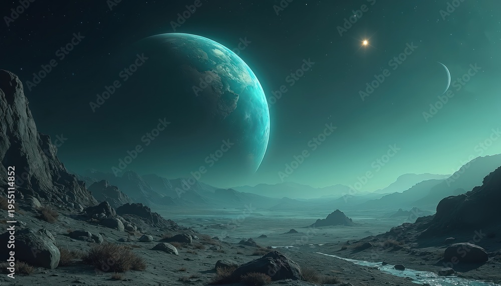 Fototapeta premium Alien planet landscape with giant blue globe in dark starry sky. Rocky barren terrain under bright star and crescent moon. Exploration of new worlds.