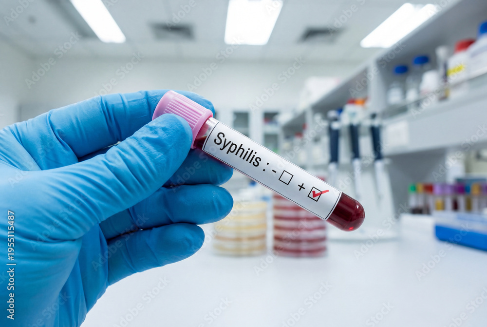 Fototapeta premium Gloved hand holds a blood sample tube labeled syphilis in a laboratory setting
