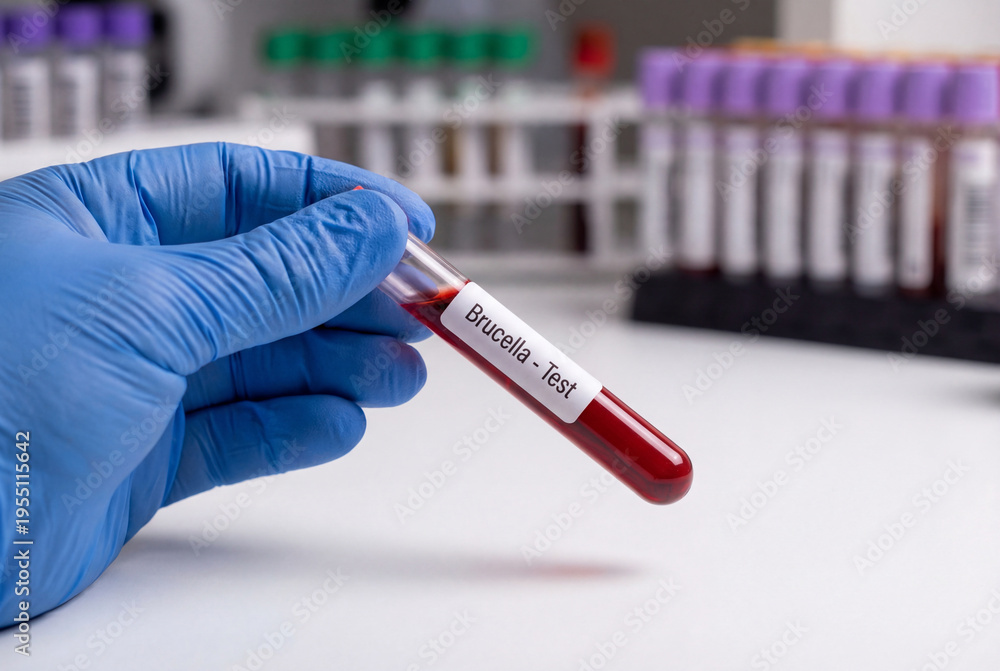 Fototapeta premium Gloved hand holding blood sample tube for a bacterial test in a lab