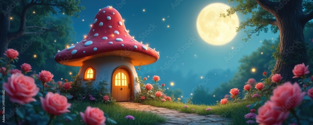 Fototapeta premium Fairytale mushroom house glows in moonlit rose garden. Magical night scene with fireflies and full moon. Whimsical fantasy dwelling in enchanted woods.