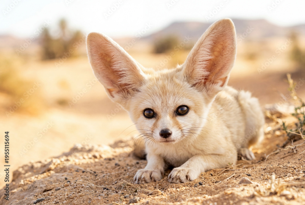Obraz premium A small fennec fox with large ears sits on dry sand in a vast arid desert environment
