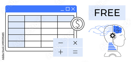 Financial planning, automation, AI, data analysis, budgeting, business tools. A spreadsheet, calculations dollar sign and a robotic head with AI elements. Financial planning and automation concept