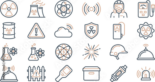 Collection of radiation safety icons featuring warning signs, protective gear, and nuclear energy symbols