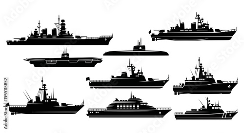 Set of Military Naval Warships and Submarine Silhouettes