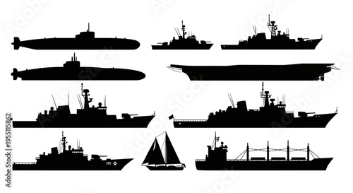 Set of Military and Commercial Ship Silhouettes