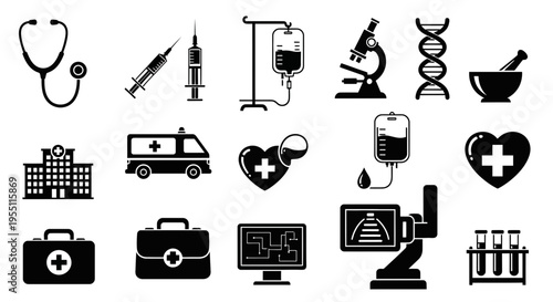 Set of Medical and Healthcare Icons in Black and White