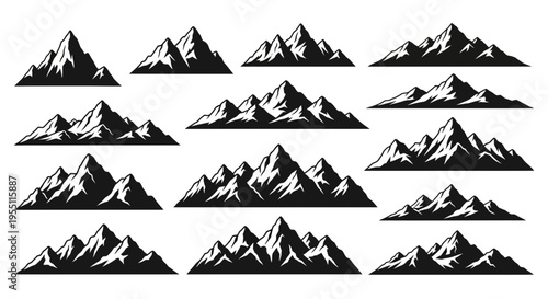 Set of Black and White Mountain Silhouettes