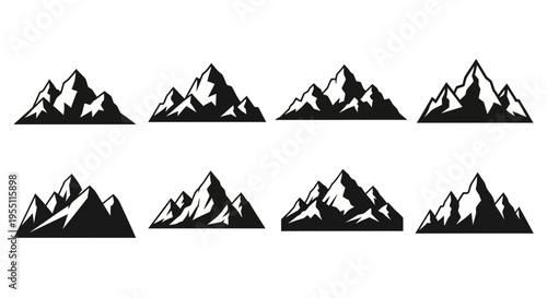 Set of Black and White Mountain Silhouette Icons