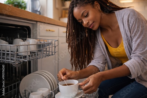 Young woman washing cup in kitchen everyday home routine lifestyle
