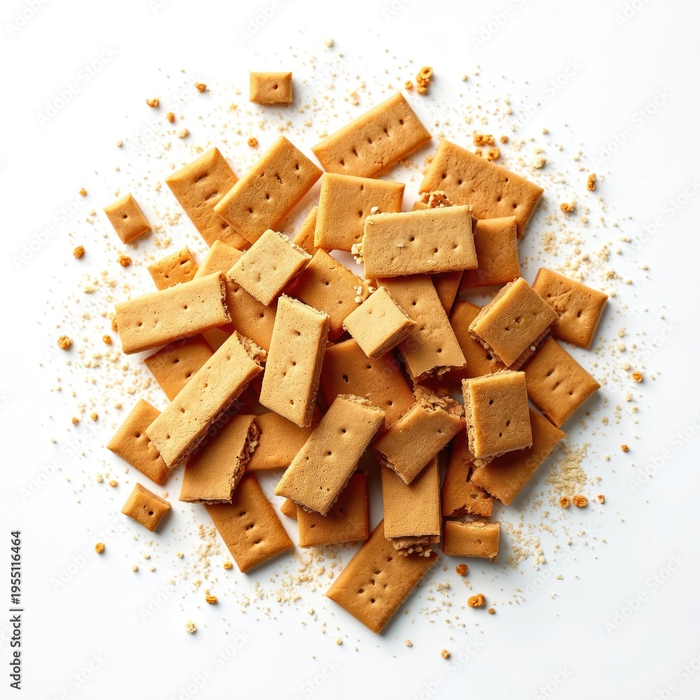 Fototapeta premium Pile of graham crackers and crumbs scattered on white surface. Sweet biscuits are broken, some whole, showing texture. Perfect for baking ingredients, snacks, or desserts.