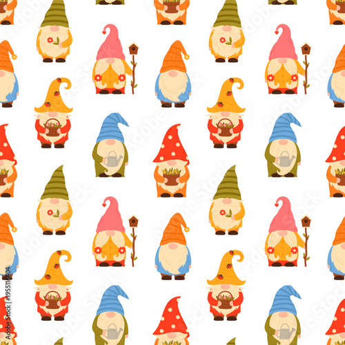 Seamless pattern with garden gnomes in pointy hats. Little fairytale characters with beards.