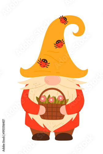 A garden gnome in a pointy hat with a basket of flowers.