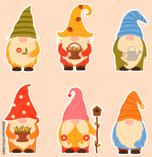 A sticker set of garden gnomes in pointy hats. Little fairytale characters with beards.