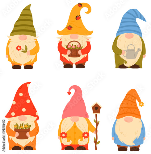A set of garden gnomes in pointy hats. Little fairytale characters with beards.