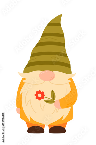 Garden gnome in a pointed hat with a flower.