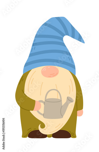 Garden gnome in a pointy hat with a watering can.